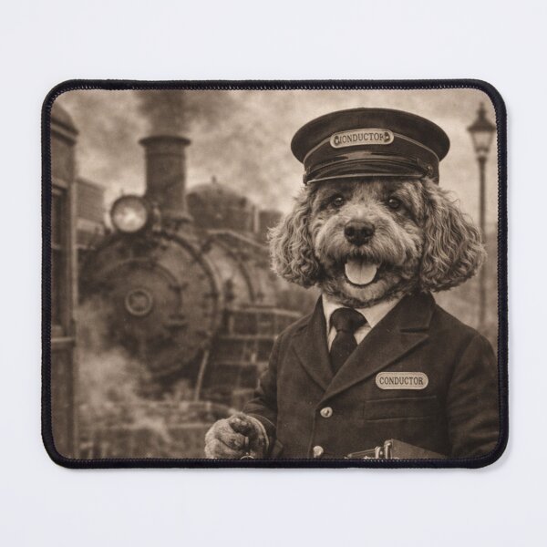Item preview, Vintage Cockapoo Train Conductor Art | Steam Railway Dog Print designed and sold by Cockapoo Society.
