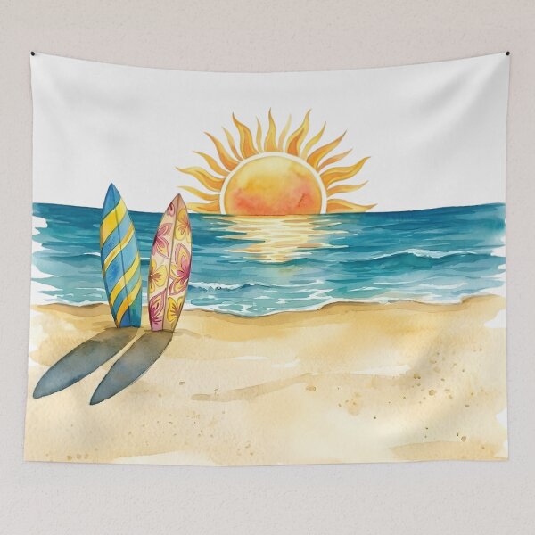 Item preview, Watercolor Beach and Surfboards Landscape designed and sold by VibranPalette.