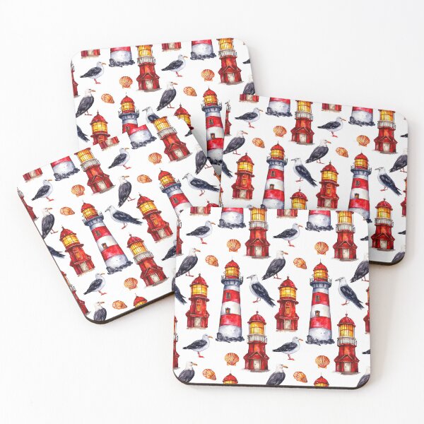 Item preview, Red Lighthouse and Seagull Watercolor Pattern designed and sold by Piotrek0001.