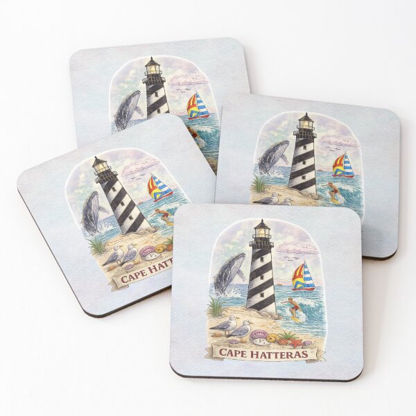 Item preview, Cape Hatteras Lighthouse Coastal Scene with Whale, Surfer & Sailboat – Vintage Beach Nautical Art designed and sold by MysticOzzy.
