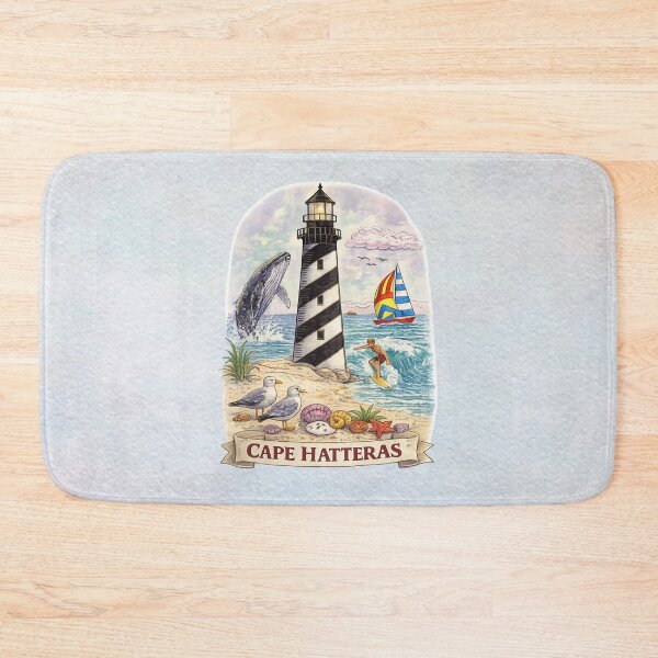 Item preview, Cape Hatteras Lighthouse Coastal Scene with Whale, Surfer & Sailboat – Vintage Beach Nautical Art designed and sold by MysticOzzy.