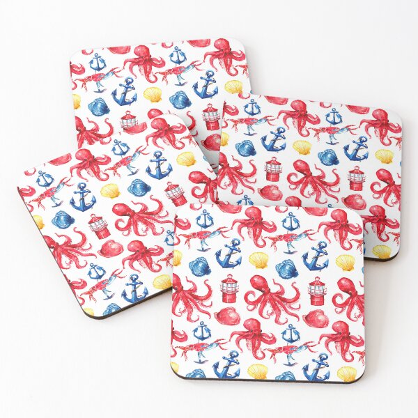 Item preview, Red Octopus and Seashell Watercolor Pattern designed and sold by Piotrek0001.