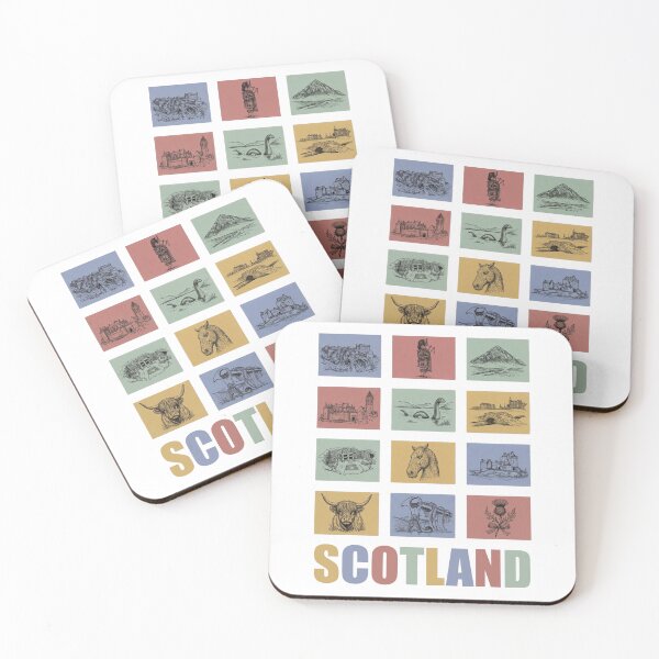 Item preview, Scotland Landmarks Grid - Highland Cow and Scottish Icons designed and sold by Loom on the Loch.