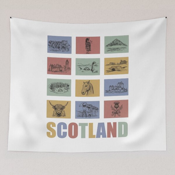 Item preview, Scotland Landmarks Grid - Highland Cow and Scottish Icons designed and sold by Loom on the Loch.