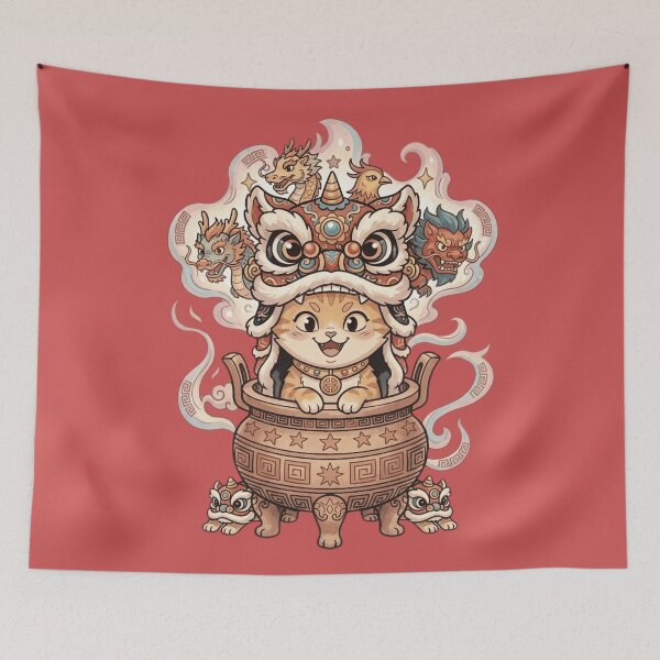 Item preview, Kawaii Lunar New Year Lucky Cat - Cute Chinese Lion Dance designed and sold by MythoWorldddd.