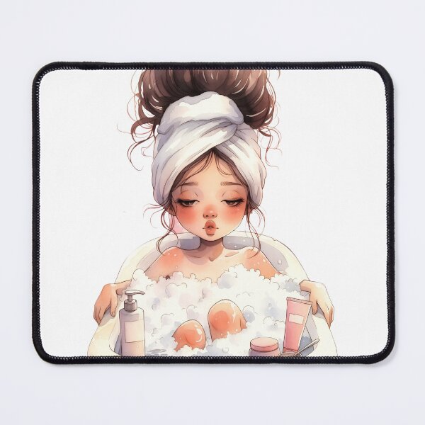 Item preview, Young woman relaxing in bathtub while enjoying bubbles and a cozy atmosphere in her home designed and sold by SpaceartLilu.