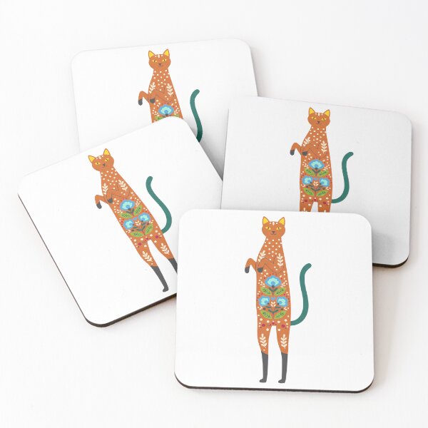 Item preview, Tall Slender Smiling Folk Art Cat with Bright Floral Coat – Scandinavian Folk Art Fusion by heidiannemorris © designed and sold by FOLK ART FUSION by heidiannemorris.
