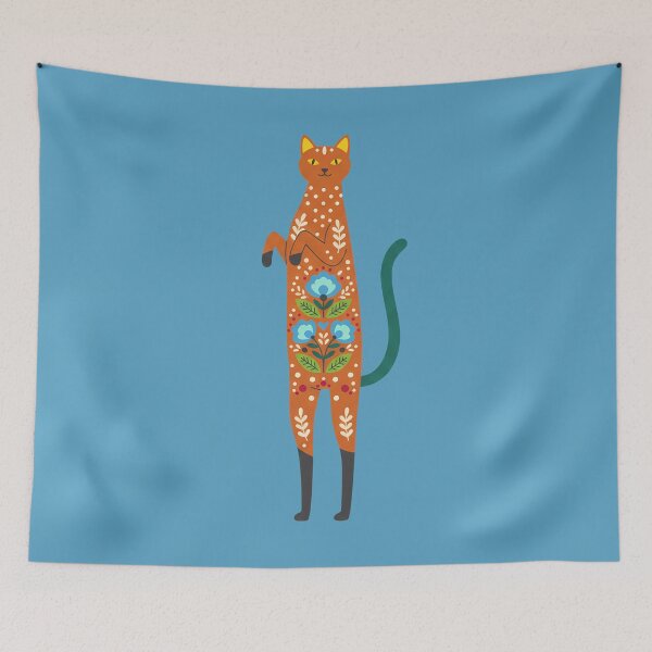 Item preview, Tall Slender Smiling Folk Art Cat with Bright Floral Coat – Scandinavian Folk Art Fusion by heidiannemorris © designed and sold by FOLK ART FUSION by heidiannemorris.