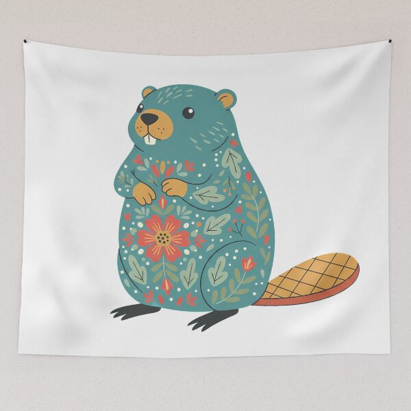 Item preview, Tall Upright Smiling Folk Art Beaver with Bright Floral Coat – Scandinavian Folk Art Fusion by heidiannemorris © designed and sold by FOLK ART FUSION by heidiannemorris.