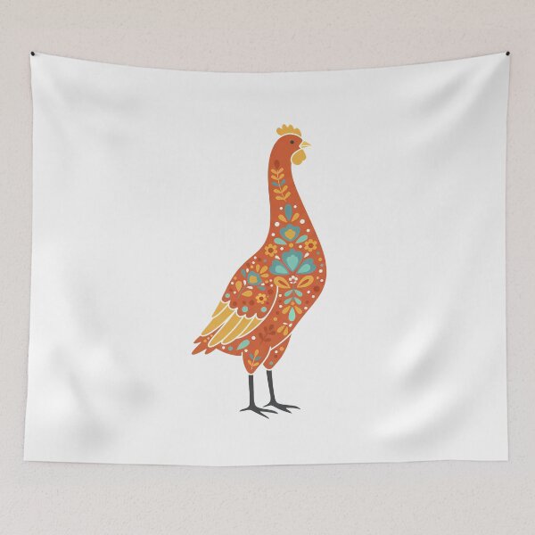 Item preview, Bright‑Feathered Cheerful Folk Art Chicken with Decorative Floral Coat – Scandinavian Folk Art Fusion by heidiannemorris © designed and sold by FOLK ART FUSION by heidiannemorris.