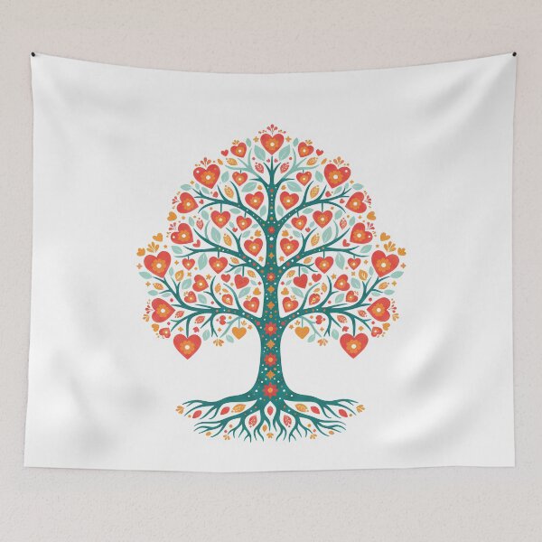 Item preview, Bright Flourishing Folk Art Tree of Life with Decorative Love Hearts – Scandinavian Folk Art Fusion by heidiannemorris © designed and sold by FOLK ART FUSION by heidiannemorris.