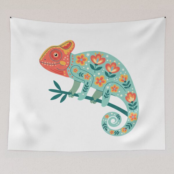 Artikelvorschau, Hellgefiederter, sanfter Pantherchamäleon mit dekorativen Blumenmustern – Skandinavische Volkskunst-Fusion von heidiannemorris © entworfen und verkauft von FOLK ART FUSION by heidiannemorris.
