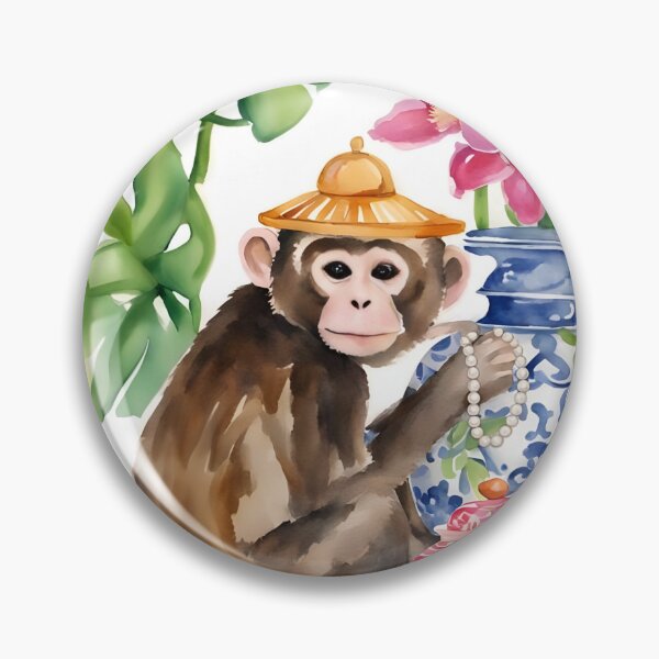 Item preview, Grandmillennial art, Preppy Chinoiserie Monkey, orchids and ginger jars designed and sold by SophieClimaArt.