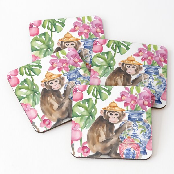 Item preview, Grandmillennial art, Preppy Chinoiserie Monkey, orchids and ginger jars designed and sold by SophieClimaArt.