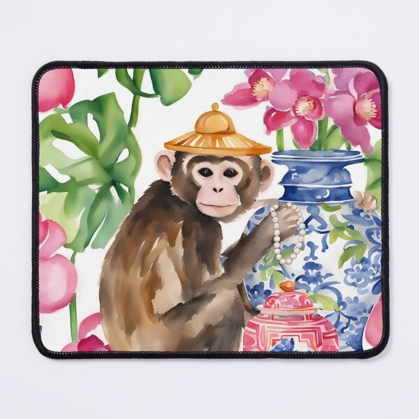 Item preview, Grandmillennial art, Preppy Chinoiserie Monkey, orchids and ginger jars designed and sold by SophieClimaArt.