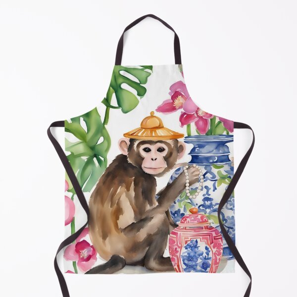 Item preview, Grandmillennial art, Preppy Chinoiserie Monkey, orchids and ginger jars designed and sold by SophieClimaArt.