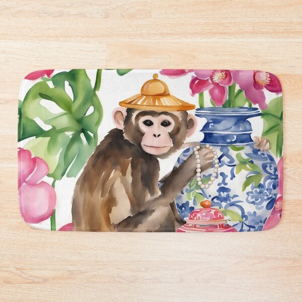 Item preview, Grandmillennial art, Preppy Chinoiserie Monkey, orchids and ginger jars designed and sold by SophieClimaArt.