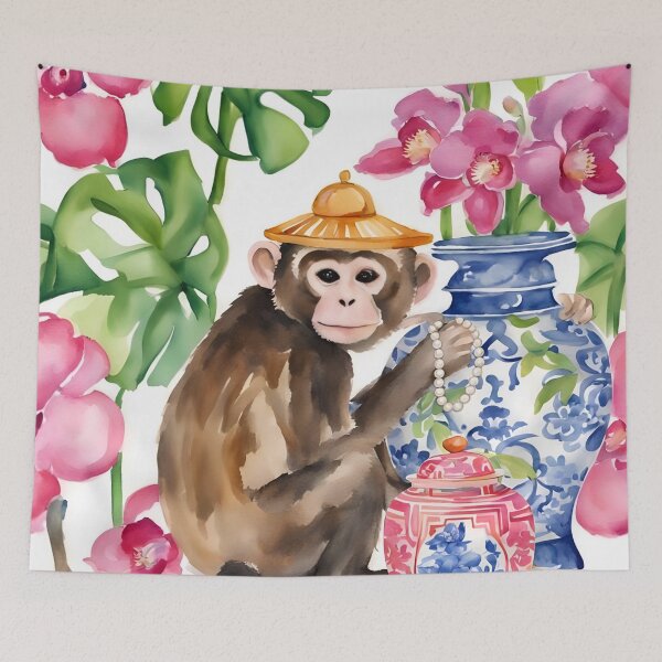 Item preview, Grandmillennial art, Preppy Chinoiserie Monkey, orchids and ginger jars designed and sold by SophieClimaArt.