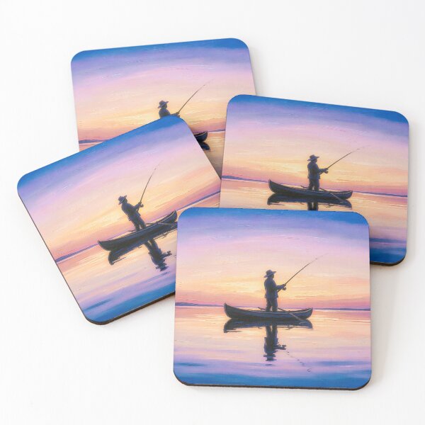 Item preview, Silhouette of Fisherman in Boat at Sunset - Peaceful Fishing Scene on Calm Lake with Colorful Sky Reflection designed and sold by Gabi.Media.