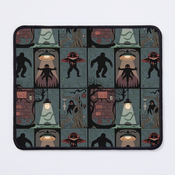 Item preview, Creepy Cryptid Alley Seamless Pattern | Mothman Bigfoot Shadow People Horror Grid designed and sold by Midnight Veil Designs.