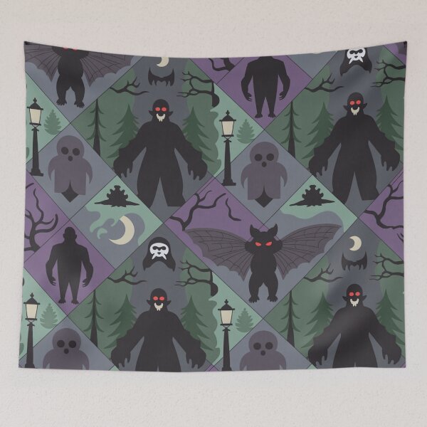 Item preview, Spooky Halloween Cryptid Pattern | Mothman Shadow People Vampire Bat Forest Grid designed and sold by Midnight Veil Designs.