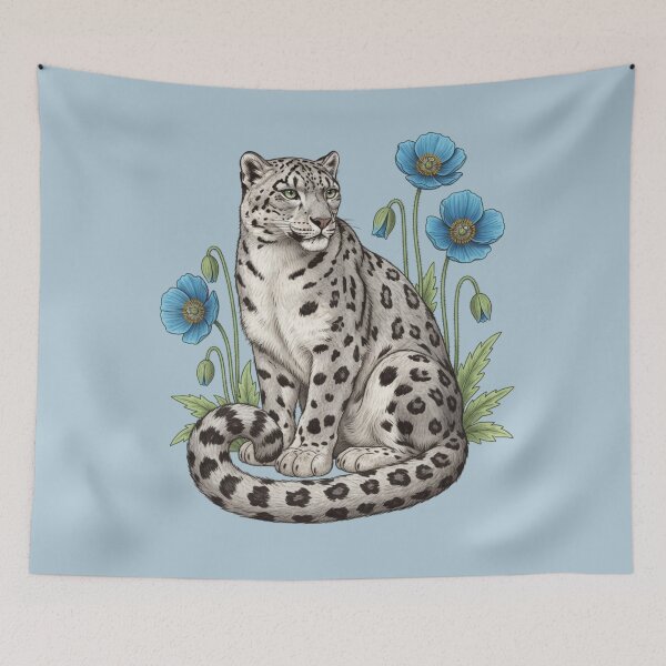 Item preview, Snow Leopard with Blue Himalayan Poppies Wildlife Art designed and sold by BirdsnStuff.