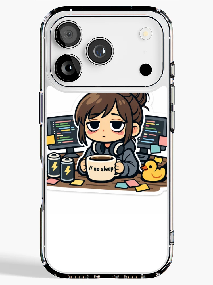 Thumbnail 1 of 5, iPhone Case, Exhausted Female Software Developer Coding Funny Programmer Humor Sticker designed and sold by AutoInkCo.