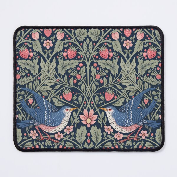 Item preview, William Morris Inspired Strawberry & Bird Seamless Pattern | Vintage Blue Birds Floral Navy designed and sold by Midnight Veil Designs.