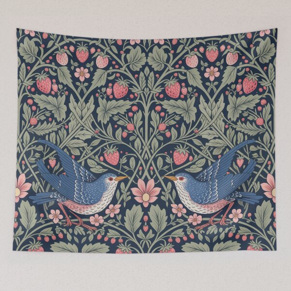 Item preview, William Morris Inspired Strawberry & Bird Seamless Pattern | Vintage Blue Birds Floral Navy designed and sold by Midnight Veil Designs.