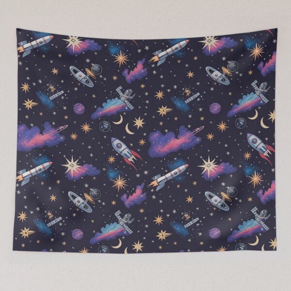 Item preview, Space Adventure Seamless Pattern | Rockets Astronauts Satellites Stars Nebula Navy designed and sold by Midnight Veil Designs.