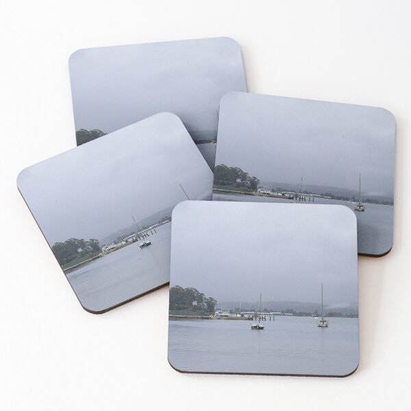 Item preview, Misty Morning Boats, Calm Coastal Scene, St Helens Tasmania designed and sold by Mat Wills Photography.