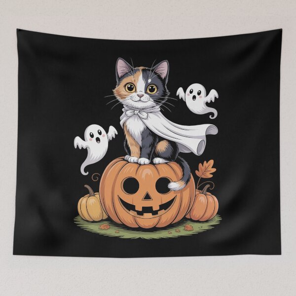 Item preview, Pumpkin Boo Ghost Calico Cat Halloween designed and sold by HellD3vil-Art.