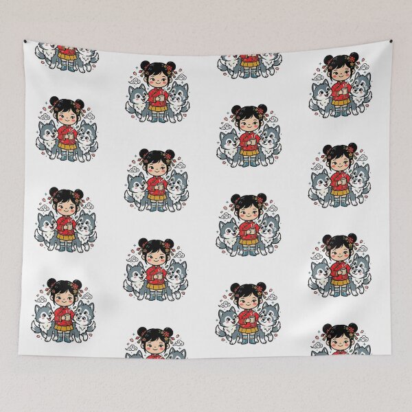 Item preview, 4k Kawaii Chinese Girl and Night Wolves designed and sold by ABArtByAlexST.