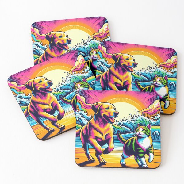Item preview, Neon Dog & Cat – Psychedelic Beach Sunset designed and sold by Dogandesighn.