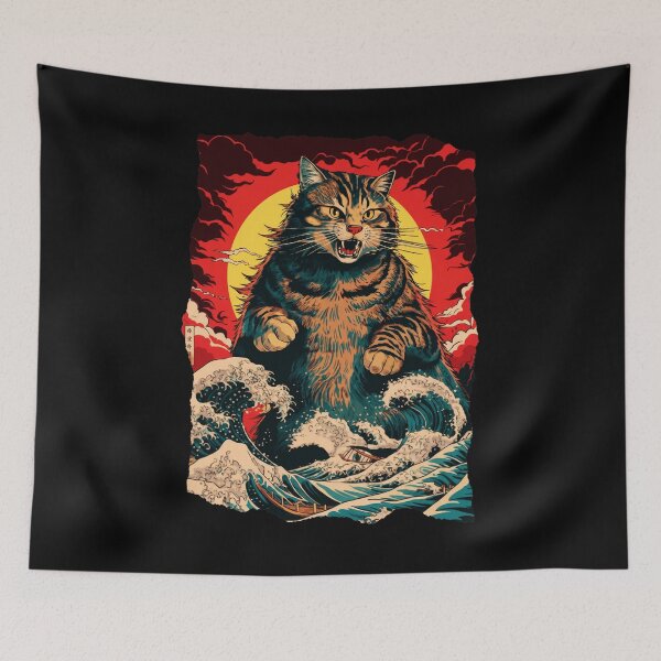 Item preview, Angry Cat Japanese Wave Art Kaiju Style Illustration designed and sold by JEFDodsonArt.
