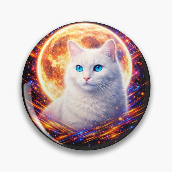 Artikelvorschau, Weiße Katze mit blauen Augen und Mondmotiv – Neonfarbenes kosmisches Katzen-Printdesign entworfen und verkauft von PixelsPaws.