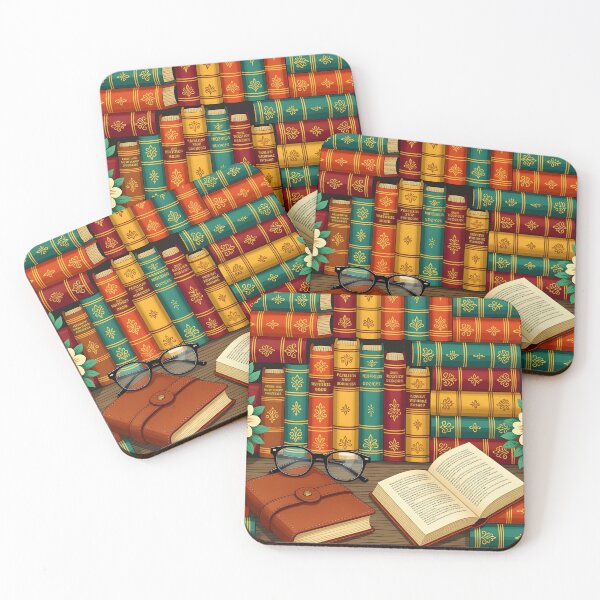 Item preview, Delightful pattern of colorful old books and leather bound notebook with reading glasses arranged in a whimsical style  designed and sold by Ponted.