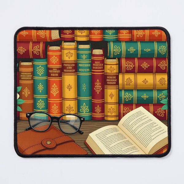 Item preview, Delightful pattern of colorful old books and leather bound notebook with reading glasses arranged in a whimsical style  designed and sold by Ponted.