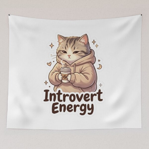 Item preview, Cute Introvert Cat Hoodie Sticker – Introvert Energy Aesthetic Coffee Cat Sticker designed and sold by Velmora Studio.