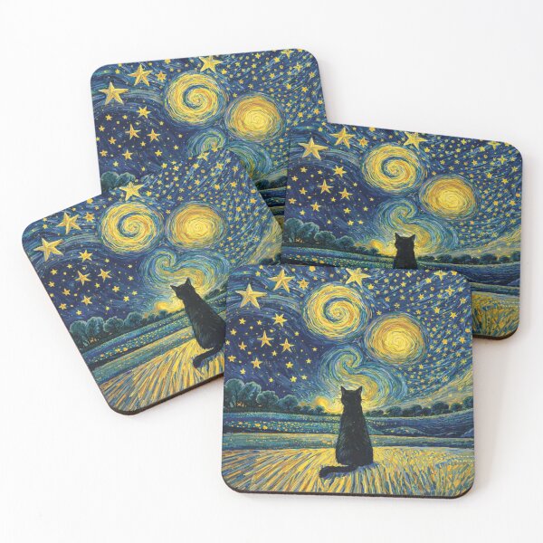 Item preview, Starry Night Black Cat Art - Van Gogh Style Whimsical Painting Graphic designed and sold by DreamPup.