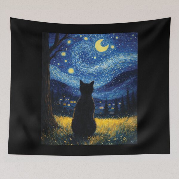 Item preview, Starry Night Black Cat Art - Van Gogh Style Whimsical Painting Graphic designed and sold by DreamPup.