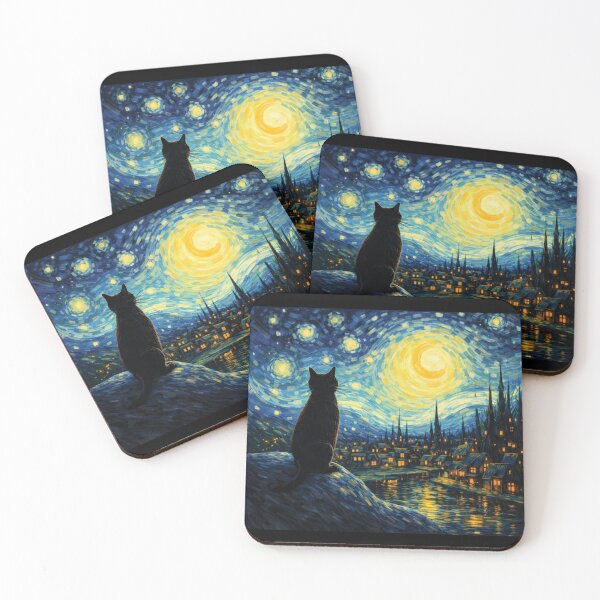 Item preview, Starry Night Black Cat Art - Van Gogh Style Whimsical Painting Graphic designed and sold by DreamPup.