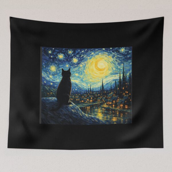 Item preview, Starry Night Black Cat Art - Van Gogh Style Whimsical Painting Graphic designed and sold by DreamPup.