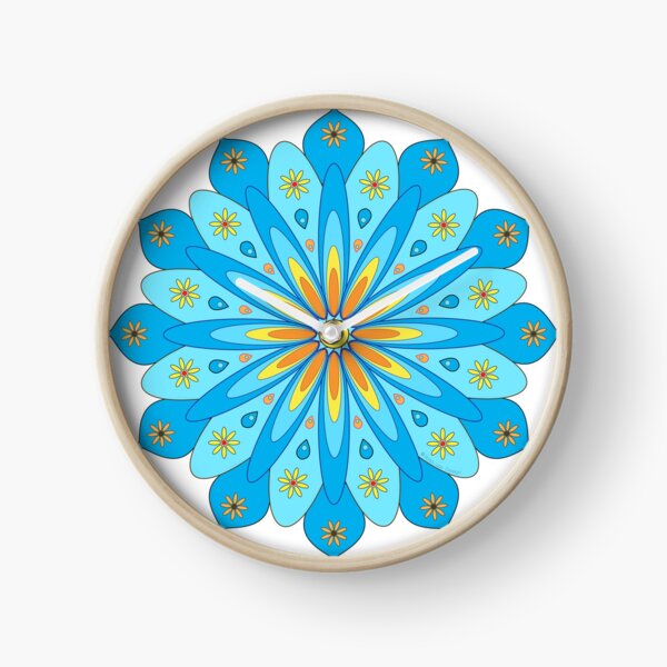 Mandala fleurs bleu, jaune, orange Horloge