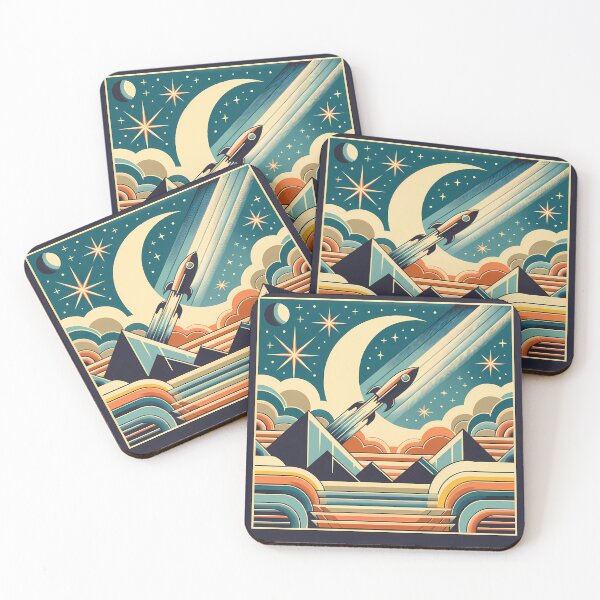 Item preview, Retro Rocket Over Crescent Moon and Pyramids designed and sold by InkSmithery.