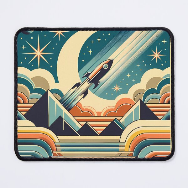 Item preview, Retro Rocket Over Crescent Moon and Pyramids designed and sold by InkSmithery.