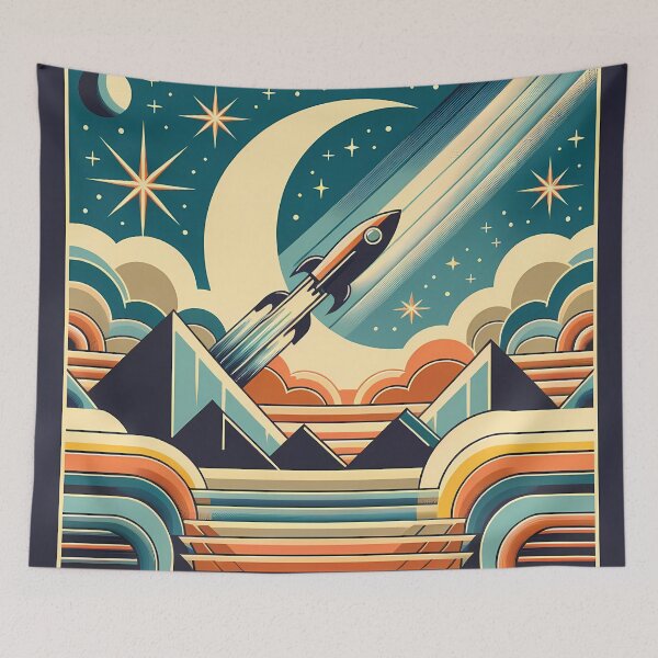 Item preview, Retro Rocket Over Crescent Moon and Pyramids designed and sold by InkSmithery.