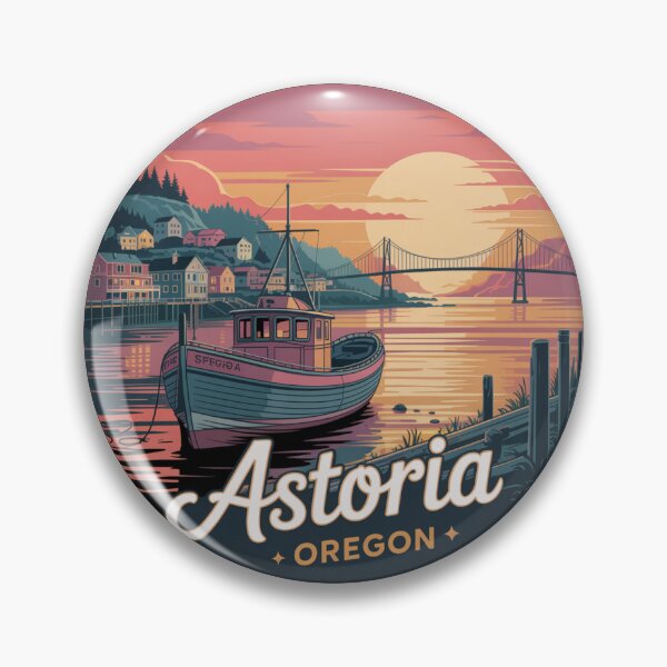 Item preview, Astoria Oregon: Fishing Boat Sunset Coastal Badge designed and sold by CircinusStore.
