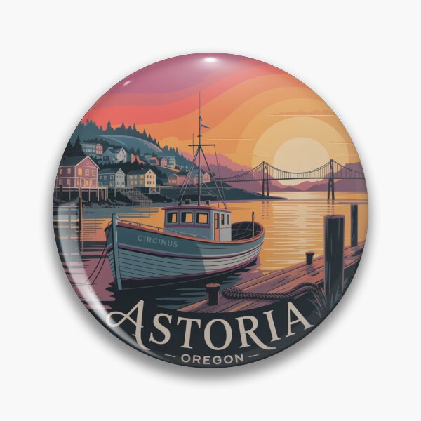 Item preview, Astoria Oregon: Fishing Boat Sunset Harbor Badge designed and sold by CircinusStore.