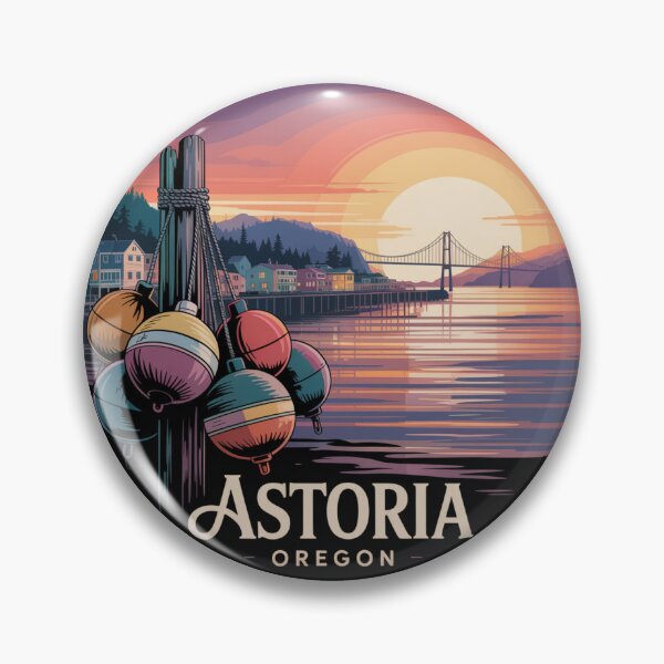 Item preview, Astoria Oregon: Fishing Buoys Sunset Coastal Badge designed and sold by CircinusStore.
